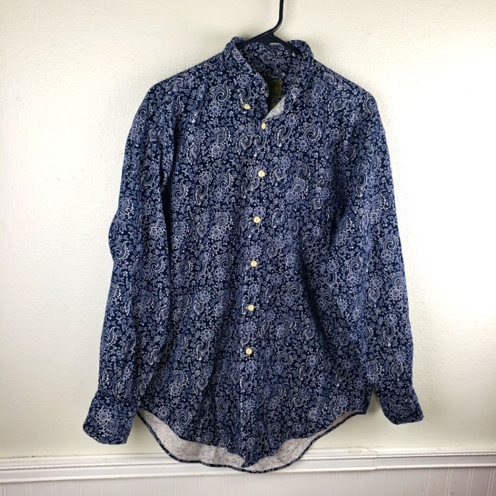 Men's Evergreen Sportswear Full Fit Blue Paisley Button Up Cordoury Shirt Sz Med